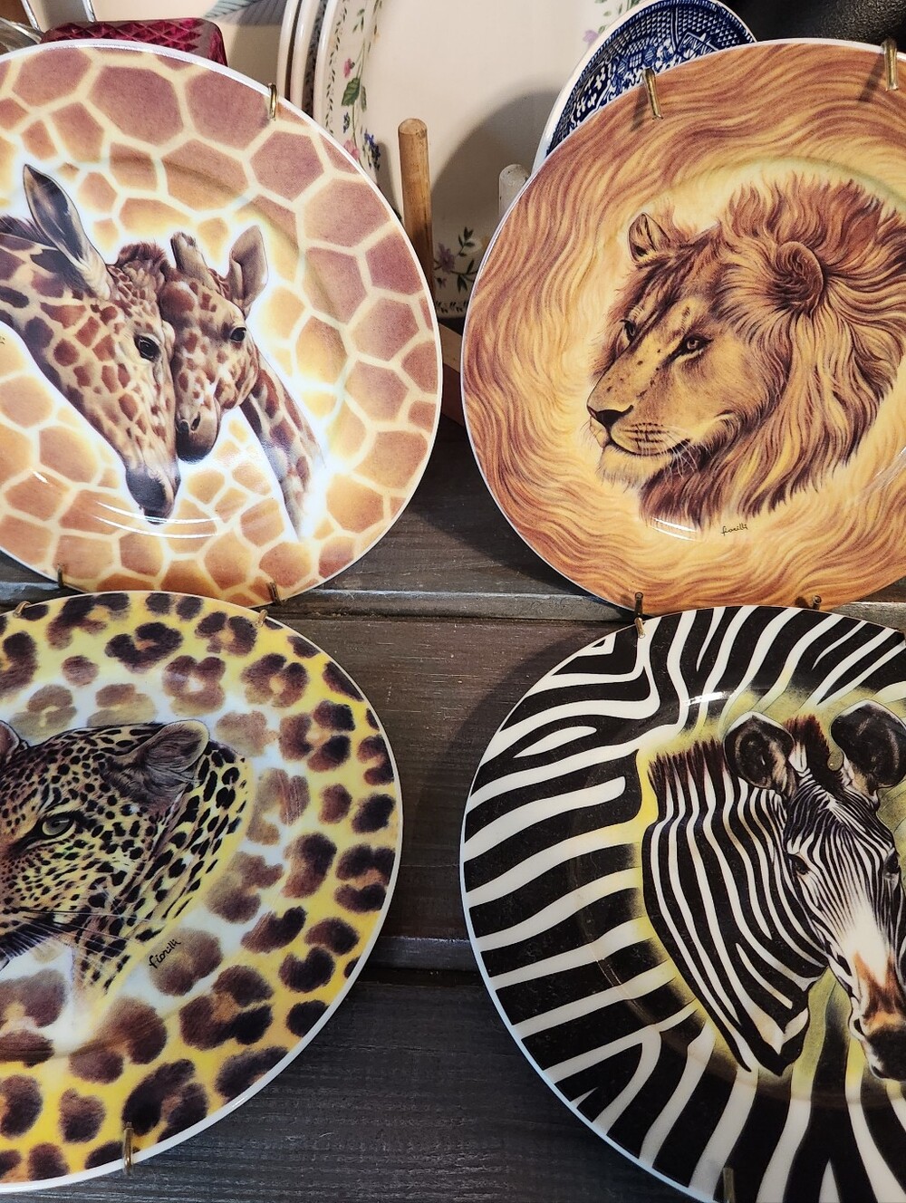 Set of 4 Decorative Safari Animal Plates - Giraffe, Lion, Leopard, Zebra, 1990s